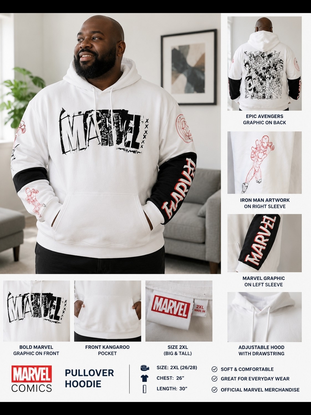 Marvel Comics Hoodie 2XL White Graphic Pullover Sweatshirt Avengers